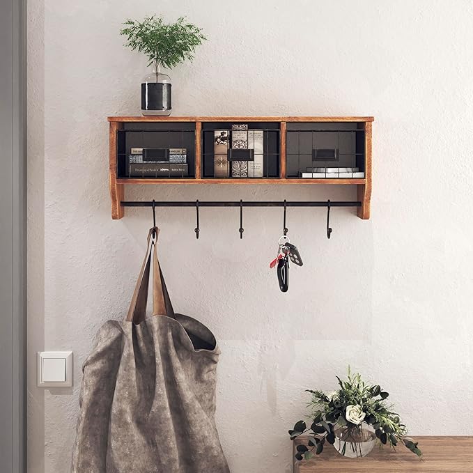 BizChair Wall Mounted Storage Rack - Rustic Brown Solid Pine Wood - 24 Inch - Upper Shelf - 5 Hooks - Wire Baskets - For Entr