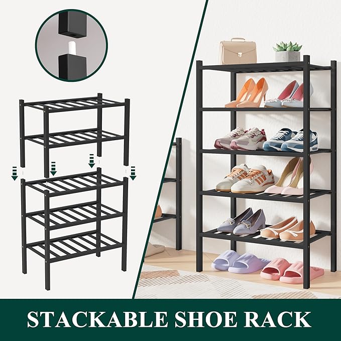 Smiry Bamboo Shoe Rack for Closet, 2 Tier Long Wooden Stackable Shoe Organizer, Free Standing Shoes Storage Shelf for Entrywa