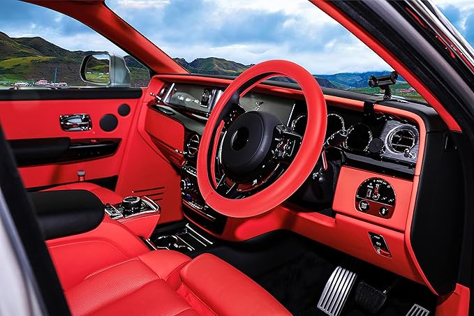 Evankin Red Leather Steering Wheel Cover, Comfortable and Soft Solid Color Universal Steering Wheel Cover 15 inch, Suitable f