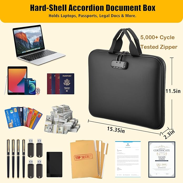 Fireproof Document Box with Combination Lock, Hard-Shell Fireproof File Organizer for Legal Documents, Laptop, Valuables & Im