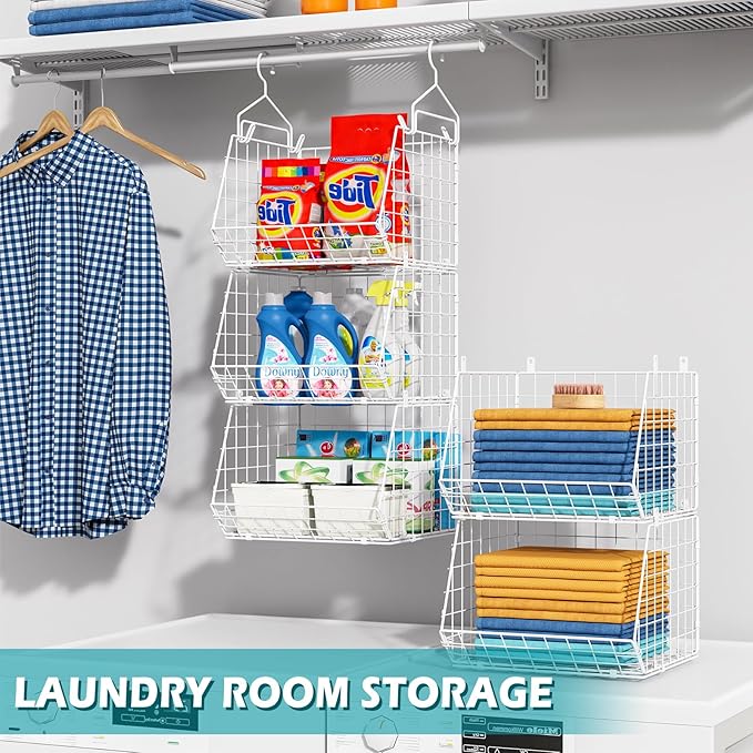 5 Tier Closet Hanging Organizer, Clothes Hanging Shelves with 4 Hanging Hooks 5 S Hooks, Wire Storage Basket Bins, for Clothi