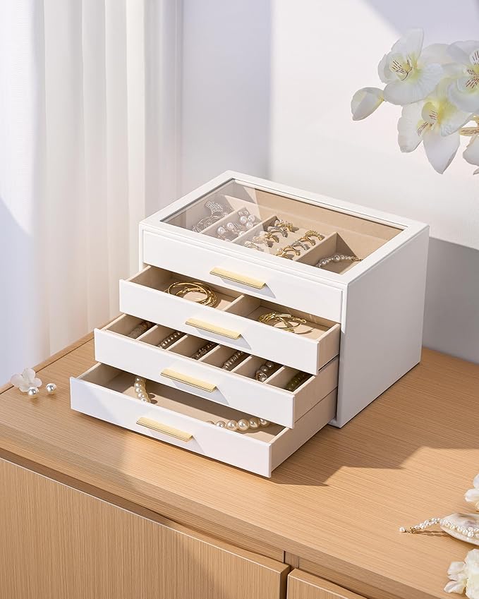 pickpiff Jewelry Box Organizer Case for Women: 4-Layer Jewelry Storage Case with Glass Window, Pure White Leather with Velvet