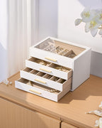 pickpiff Jewelry Box Organizer Case for Women: 4-Layer Jewelry Storage Case with Glass Window, Pure White Leather with Velvet