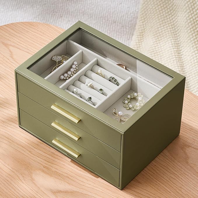 Jewelry Box Organizer Case for Women: 3-Layer Jewelry Storage Case with Glass Window, Olive Green Leather with Cream Velvet, 