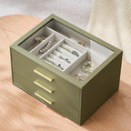 Jewelry Box Organizer Case for Women: 3-Layer Jewelry Storage Case with Glass Window, Olive Green Leather with Cream Velvet, 