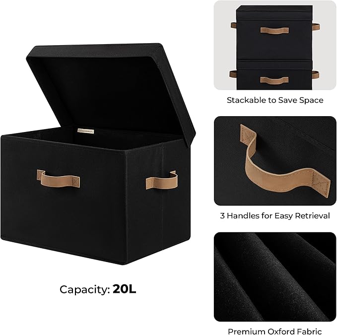 StorageWorks Fabric Storage Bins with Lid, Decorative Storage Boxes for Shelves, Stackable Closet Organizer Basket with Handl