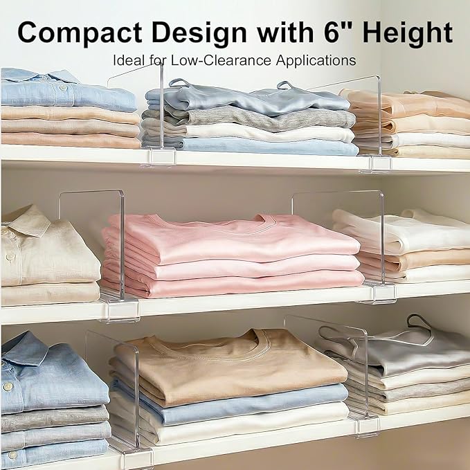 Purse Organizer for Closet Shelf Dividers: 6-inch Tall(Shorter Version) Adjustable Clear Acrylic Bag Storage Organizer for Ha