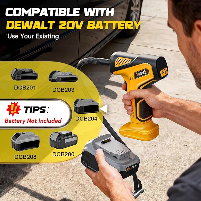 Cordless Tire Inflator Air Compressor Compatible with Dewalt 20V Battery (Tool Only), 150 PSI Portable Car Air Pump with Digital Pressure Gauge, Automatic Shut Off, LED Light