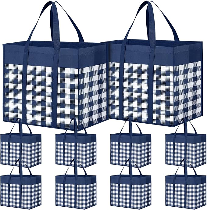 WOWBOX Reusable Grocery Bags,10-Pack, Foldable Reusable Shopping Tote Bags bulk with Reinforced Handles,Large Storage Bags with Water Resistant Coating for Groceries,Multipurpose,Blue-White