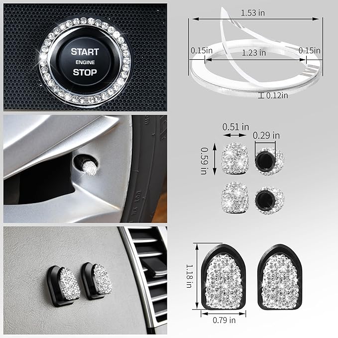 CAR PASS 30 PCS Bling Diamond Car Accessories Set for Women, Bling Steering Wheel Covers 15 Inch, Shining Rhinestone License Plate Frame, Sparkly Phone Holder, Cute Interior Set Decorations, Silver