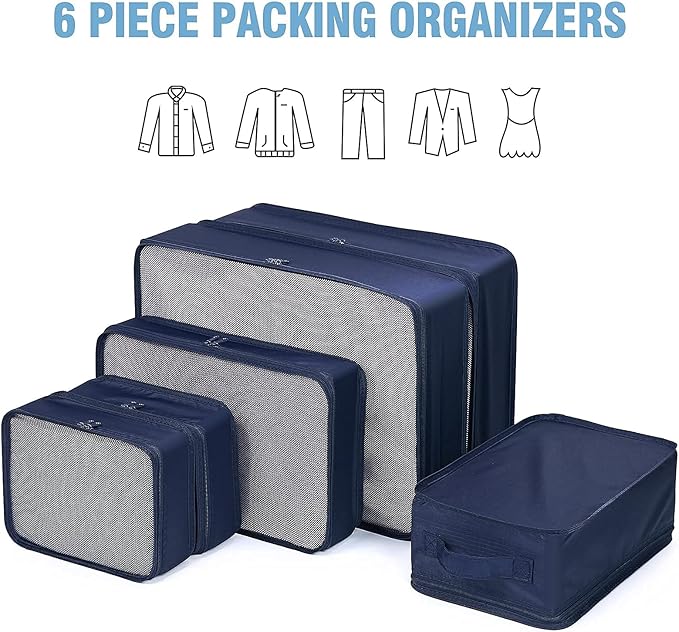 Mossio 6 Set Packing Cubes with Shoe Bag - Lightweight Travel Luggage Suitcase Organizers