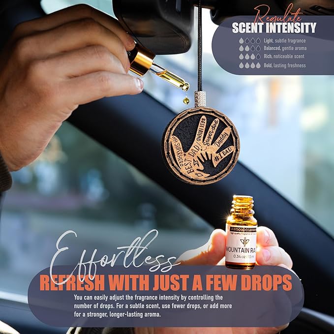 Handmade Wood Car Air Freshener — Father’s Hands Designed Refillable Essential Oil Diffuser — Long Lasting Mountain Rain Frag