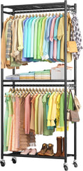 Sakugi Clothes Rack - 33.0" x 12.2" x 79.5" Clothing Rack with Shelves & Wheels, Multi-Functional Wardrobe Closet with Hooks,