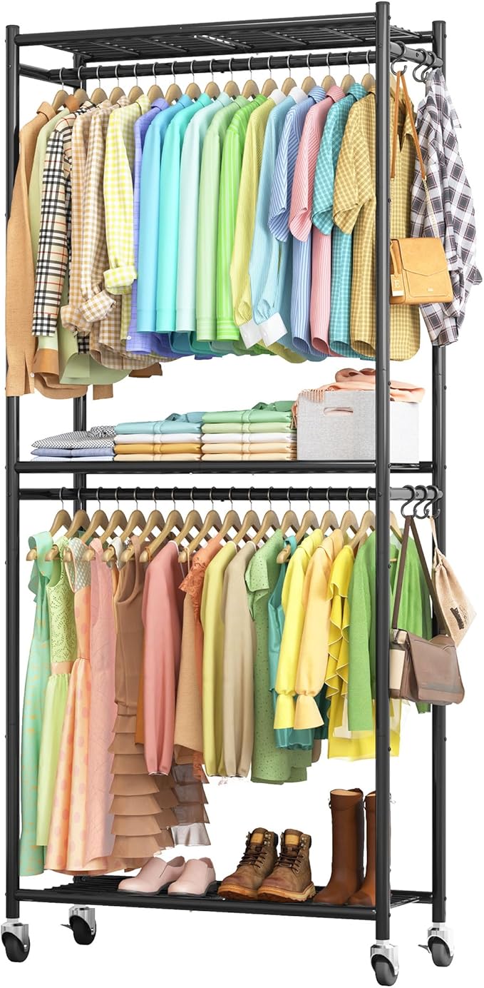 Sakugi Clothes Rack - 33.0" x 12.2" x 79.5" Clothing Rack with Shelves & Wheels, Multi-Functional Wardrobe Closet with Hooks,