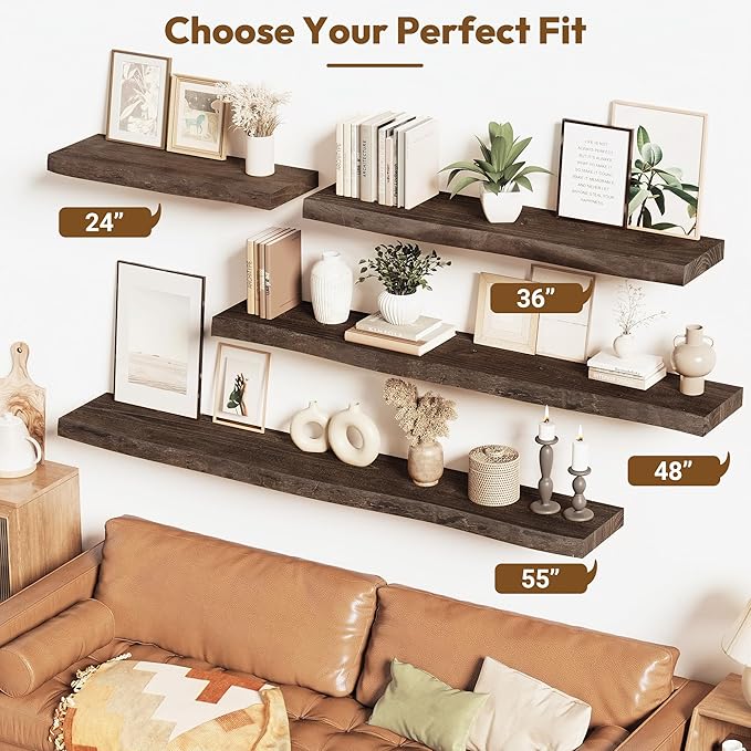 Vivelove Live Edge Floating Shelves 36 inch Long, Elm Wood Wall Display Shelf with Invisible Bracket for Living Room Bedroom 
