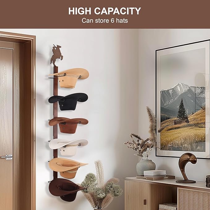 Cowboy Hat Rack Holder for Wall - Wild Western Style Design Hat Organizer with 6 Hat Hooks for Wall Mount, Hat Stand and Hang
