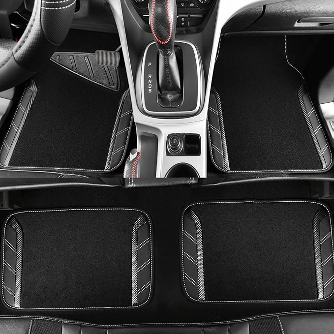 CAR PASS Leather Steering Wheel Cover and Waterproof Car Floor Mats,Microfiber Universal Car Combo Fit for 95% Sedan,SUV,Cars