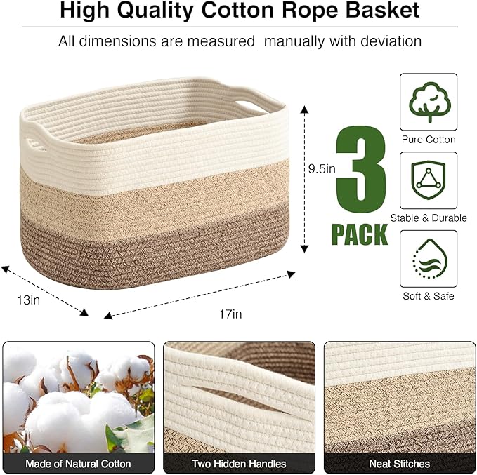 ICERZCZ Large Storage Baskets for Organizing Shelves, Woven Cotton Rope Bins for Baby Nursery Organization, Book Toy Towel Or