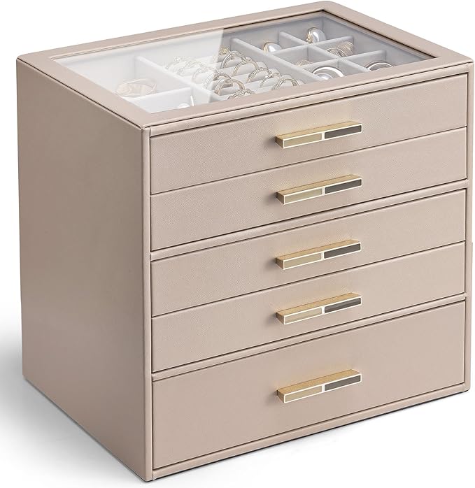 VLANDO 5 Layer Jewelry Box for Women, Glass Lid Jewelry Organizer with 5 Drawers for Necklaces Rings Earrings Bracelets - Tof