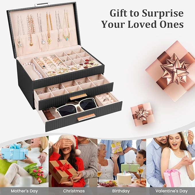 Dajasan Jewelry Box Organizer, 3-Tier Jewelry Storage with 2 Drawers, Large Jewelry Boxes for Women, PU Leather Surface with 