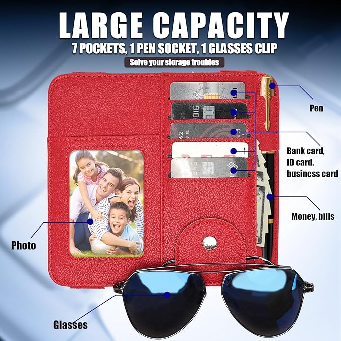 Visor Organizer, Red Sunglass Holder For Car, Sunvisor Organizers with Multiple Pockets and Picture Frame, Essential Car Interior Accessories for Women and Men
