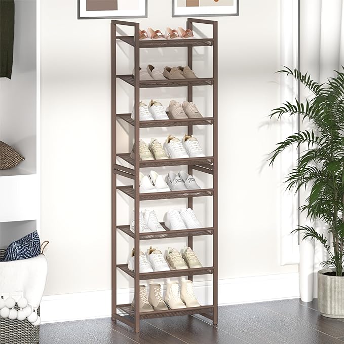 Tall Narrow Shoe Rack, 8 Tier Stackable Shoe Stand for 16-20 Pairs, Heavy Duty Shoe Organizer for Small Space Closet Bedroom,
