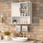 Bathroom Wall Cabinet with Towel Bar, 2 Doors & Adjustable Shelves - Space Saving Wood Wall Mounted Medicine Cabinet Storage 