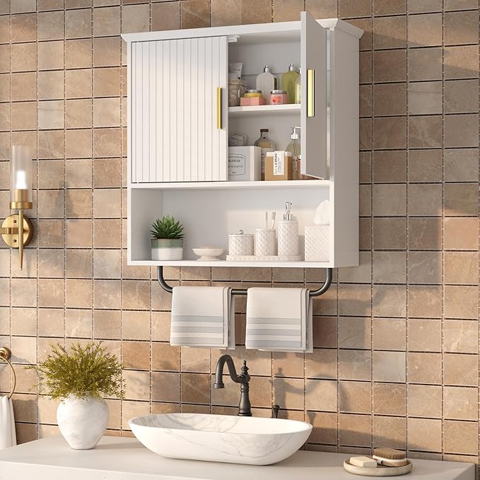 Bathroom Wall Cabinet with Towel Bar, 2 Doors & Adjustable Shelves - Space Saving Wood Wall Mounted Medicine Cabinet Storage 