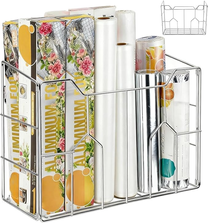 Cididu Kitchen Wrap Organizer Rack Wall Mount, Cabinet Door Organizer Storage, Wall Rack Basket Sturdy Steel Wire, Tall Insid