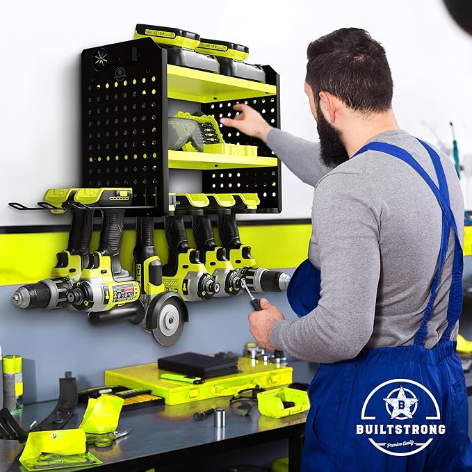 BUILTSTRONG Power Tool Organizer - 6 Drill Holder Wall Mount, 3-Tier Heavy-Duty Hand Tool Storage Rack With 2 Pegboard Sides 