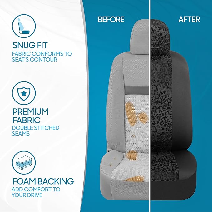 BDK Black Leopard Car Seat Covers for Front Seats, Animal Print Front Seat Cover Set with Matching Headrest, Sideless Design 