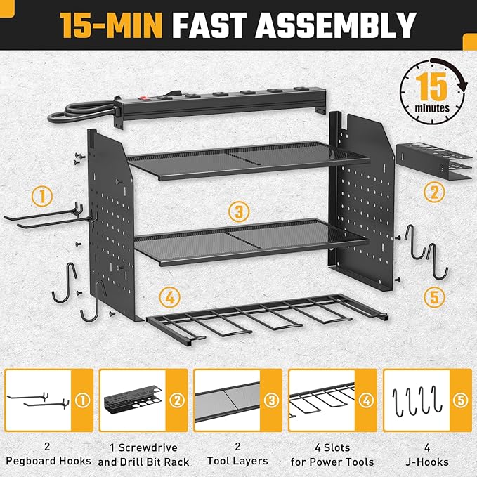 ZESEN Power Tool Organizer Wall Mount, 3 Layer Charging Station with 6 Outlets, 4 Drill Holders and Drill Bit Rack, Tool Hold