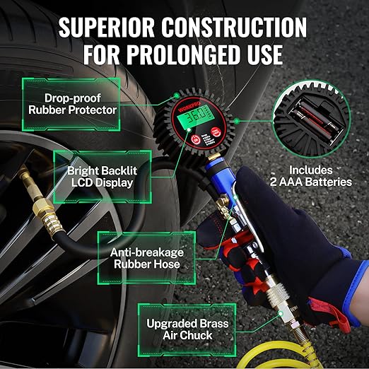 WORKPRO 12PCS Digital Tire Pressure Gauge with Inflator, 250 PSI, Heavy Duty Air Compressor Attachments with Storage Bag, Tire Gauge with Brass Air Chuck and Rubber Hose for Vehicles and Inflatables