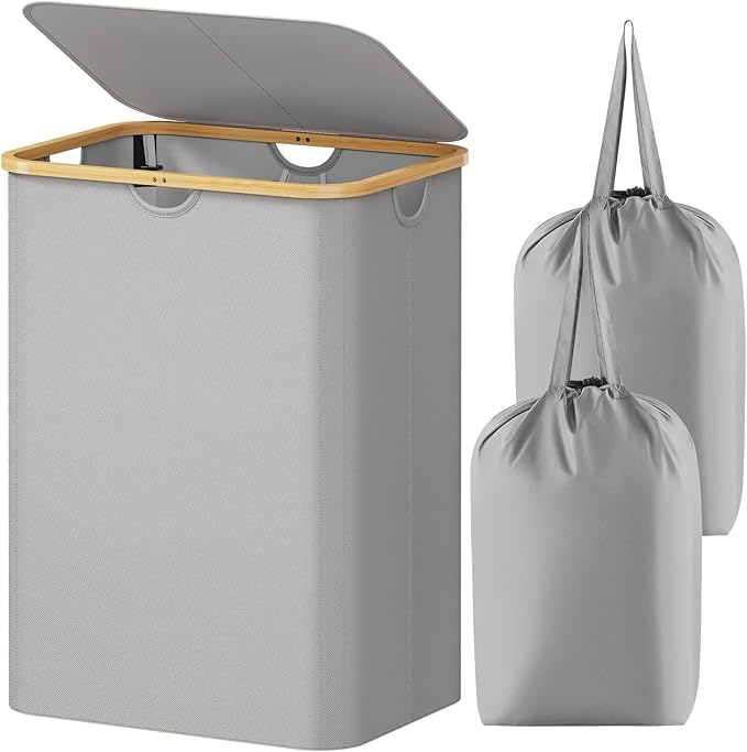 Lifewit 150L Laundry Basket with Lid, Clothes Hampers for Laundry with Bamboo Handles and 2 Removable Laundry Bags, Large Fol