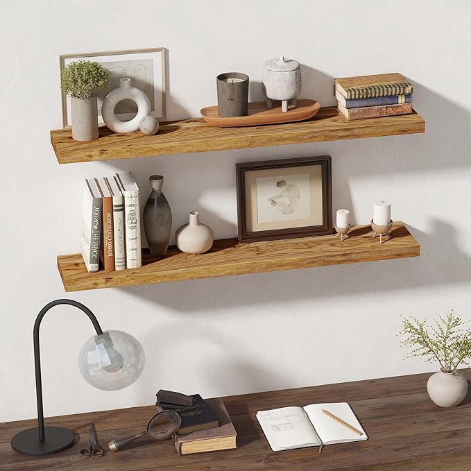 Rustic Wood Floating Shelves for Wall Decor, Reclaimed Elm Wood Live Edge Shelves 48 Inch Long, 8 Inch Deep Floating Shelf fo