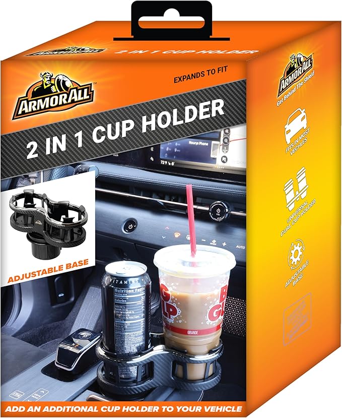 Armor All Cupholder 2 in 1 Expander, Turn 1 Cupholder to 2, Dual Drink Holder Expander with Adjustable Expandable Base to Fit