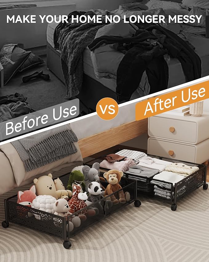 Under Bed Storage with Wheels, Foldable Pattern Carved Metal Under The Bed Storage, Tool-Free Assembly Under Bed Organizer, 6