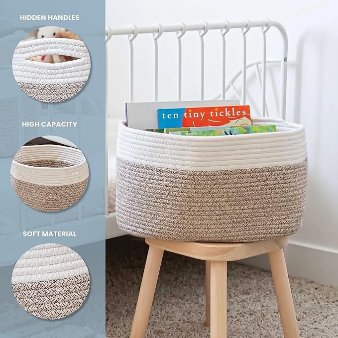 OrganiHaus Cotton Rope Basket for Shelf - Woven Storage Basket for Organizing, Closet & Toy Storage - Brown/Off-White - 15x9x
