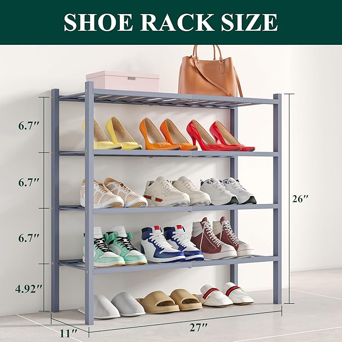 Smiry Shoe Rack, 4 Tier Bamboo Shoe Organizer, Stackable Free Standing Wooden Shoe Storage Shelf for Closet, Entryway, Front 