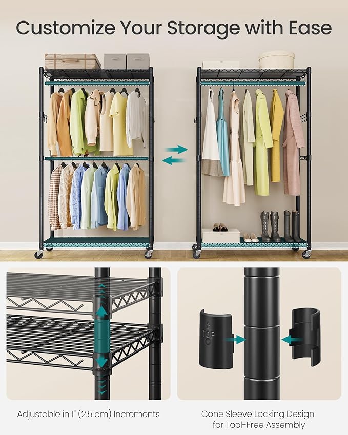 SONGMICS Heavy-Duty Rolling Clothes Rack, Garment Rack, Portable Closet on Wheels, with Adjustable Mesh Shelves and Hanging R