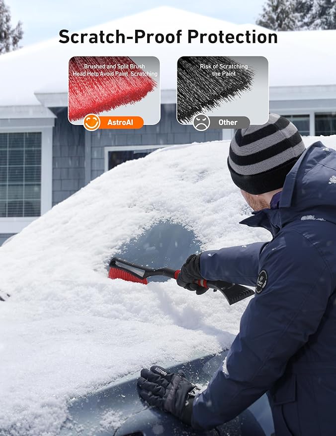 AstroAI 27" Snow Brush and Ice Scrapers for Car Windshield, Detachable Snow Scrapers with Ergonomic Foam Grip for Cars, Trucks, SUVs (Heavy Duty ABS, PVC Brush, Red)