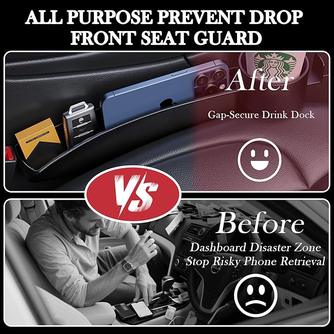 Car Seat Gap Filler Set of 2, Upgraded Car Side Seat Gap Fillers with Organizer, Cup Holder & Hook Function, Inserts Between Front Seats Console Catcher 4in1 Gap Stopper Fill Plug Storage Box (Black)
