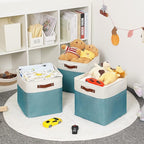 HNZIGE Foldable Storage Cubes & Baskets (3 Pack) - 13 Inch Storage Bin with Leather Handles for Toys, Clothes, Kids, Closet (
