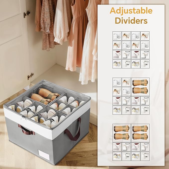 Criusia Shoe Organizer for Closet, 2 Pack Foldable Shoe Storage Organizer Box Bin with Adjustable Dividers and Clear Cover, C