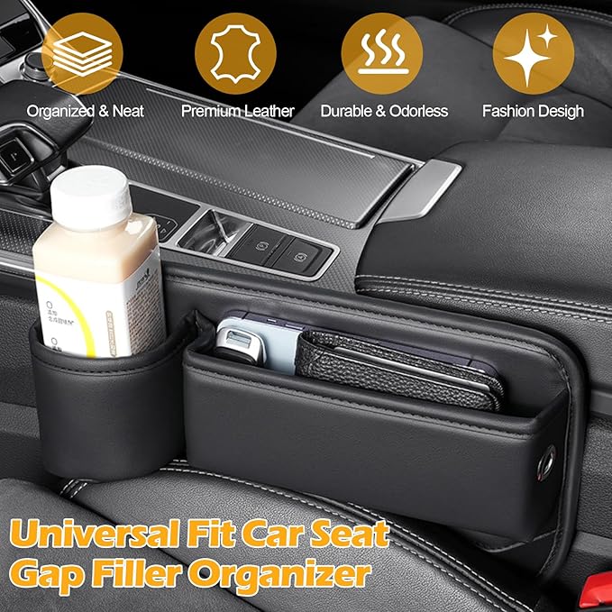 2 Packs Car Seat Gap Filler, Leather Car Seat Gap Organizer, Car Storage Box for Holding Phone, Sunglasses, Keys, Car Accessories fit Auto SUV Truck fit for Driver/Passenger Seat (Black)