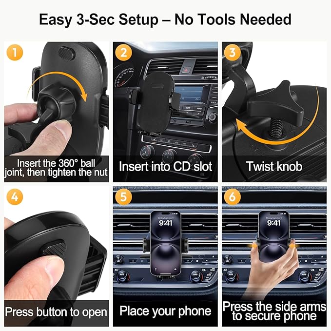 Shock-Resistant CD Slot Phone Holder for Car, CD Player Phone Mount with Adjustable Clamp, 360° Rotation, Non-Slip, Single-Button Release, Heat-Resistant, Universally Compatible with iPhone & Samsung