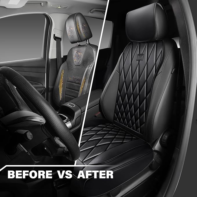 CAR PASS Luxury Napa Leather Front Car Seat Covers, Sideless Car Seat Protectors with Storage Pocket, Non-Slip Automotive Sea