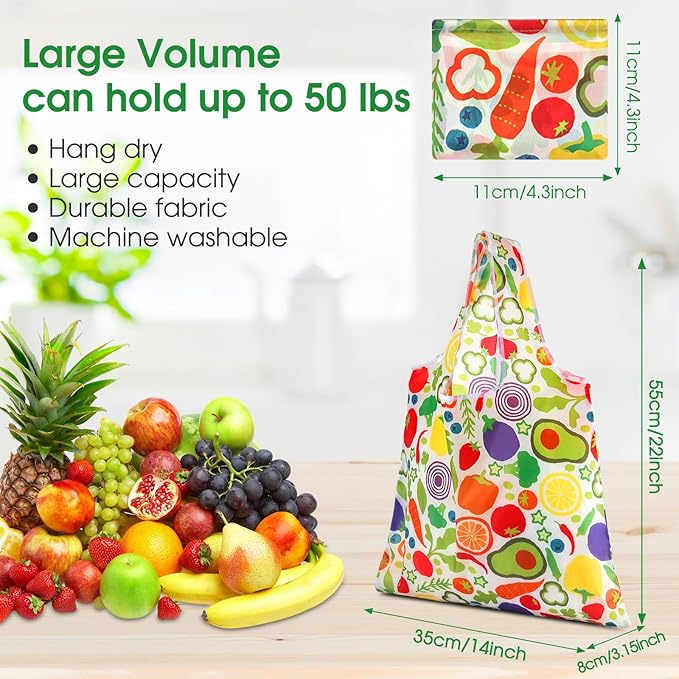 Eccliy 24 Pieces Reusable Grocery Bags Polyester Shopping Bags for Groceries Multi Colors Reusable Foldable Shopping Tote (Fruits Style)