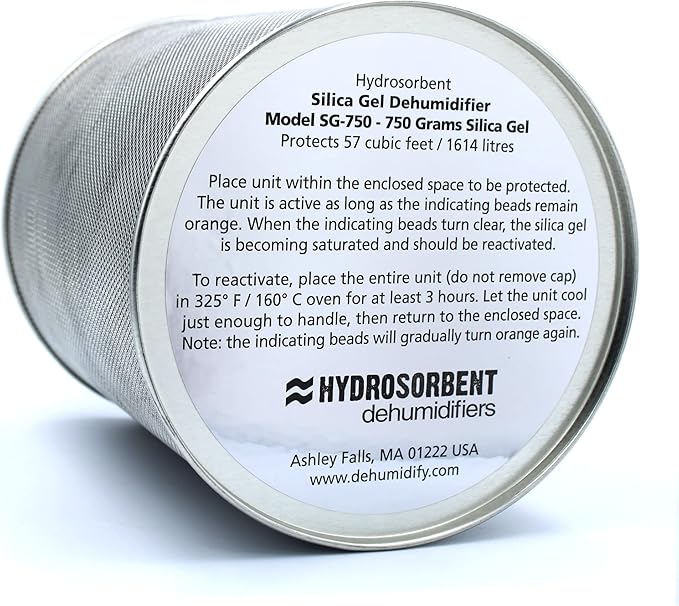 HYDROSORBENT® Silica Gel Dehumidifier Canister (750 Grams) for Gun Safes & Safe. Orange to Clear Indicating Moisture Absorber