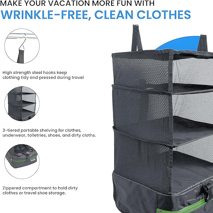 Grand Fusion Stow-N-Go Packing Organizer for Luggage, Portable Hanging Travel Shelves, Carry-On Closet, Hanging Packing Cubes